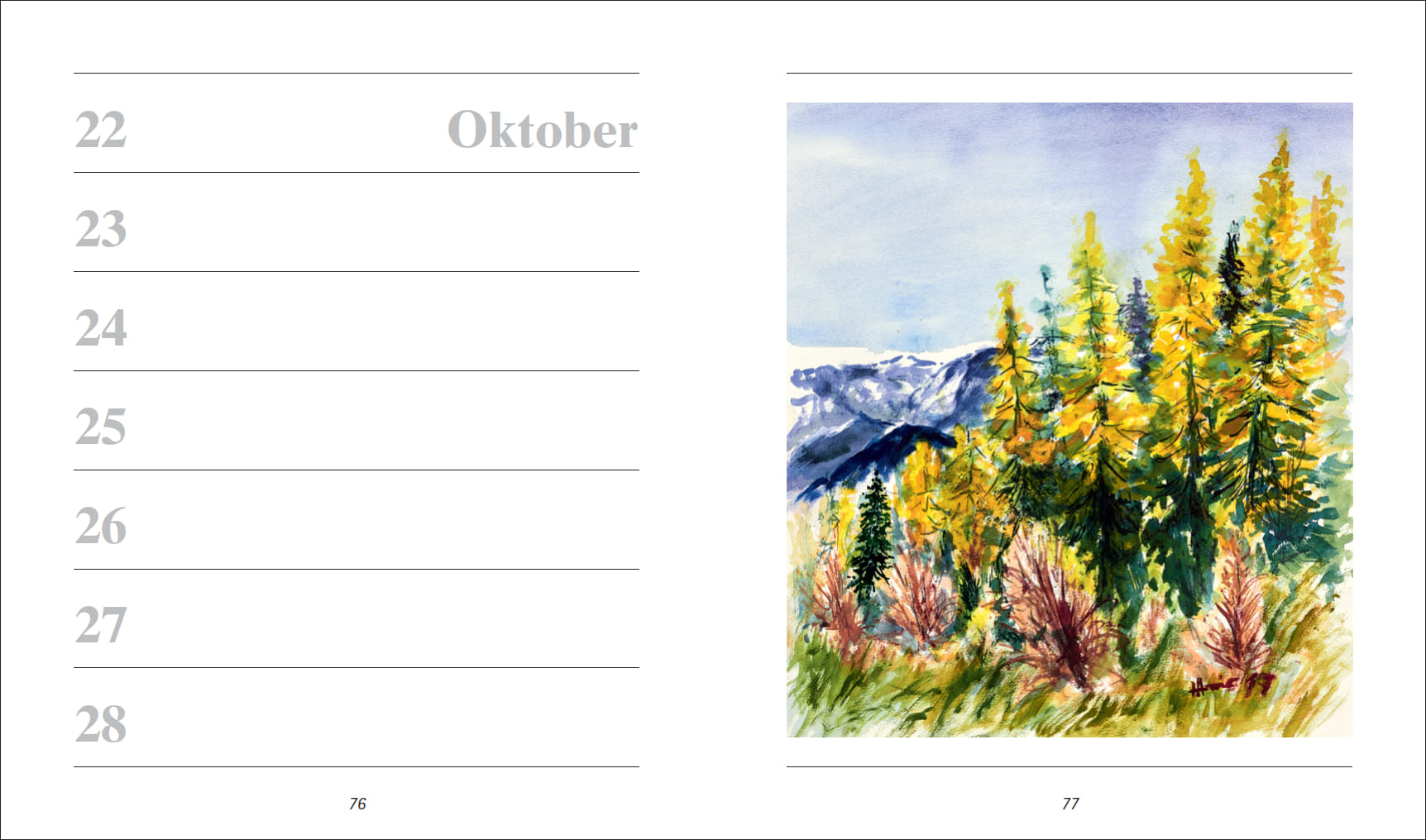 Offenes Kalender-Jahrbuch mit linker Seite für Termine im Oktober, rechts ein farbiges Gemälde mit herbstlichen Bäumen und Bergen von Mund- und Fußmaler*in. Ideal zum Eintragen wiederkehrender Geburtstage.