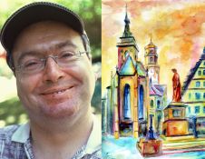 Porträt eines lächelnden Mannes mit Brille und Cap neben einer bunten Aquarell-Gemälde-Ansicht einer historischen Stadt mit Kirche, Stadtturm und Statue – ideal als Dekoration oder Geschenk, Kunstdruck für Wohnzimmer.