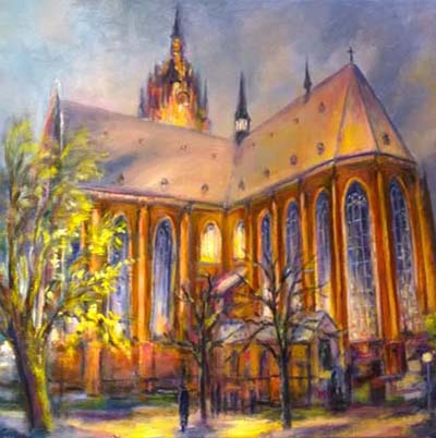Gemälde einer gotischen Kirche mit hohen Fenstern, angestrahlt von warmem Licht, umgeben von Bäumen und Personen im Vordergrund; perfektes Wandbild für Kunstliebhaber, Wohnzimmer oder Büro, inspiriert von Architektur und Sakralbau.