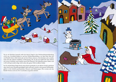 Bunte Illustration aus dem Buch „Warum an Weihnachten die Plätzchen manchmal hart sind“ von Lars Höllerer: Weihnachtsmann fliegt mit Rentieren über verschneite Stadt, Engel Karl sitzt mit Geschenkesack beim Brunnen, Schneemann im Hintergrund.