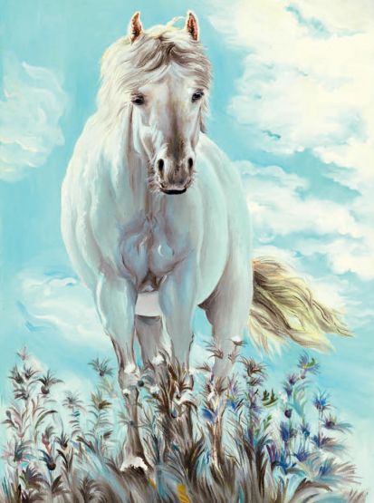 Anmut in Weiß (13522) Puzzle mit 1.000 Teilen, Motiv: weißes Pferd auf einer Wiese mit Wildblumen, gemalt von Mundmalerin Nevenka Gorjanek, blauer Himmel mit Wolken – ideales Geschenk für Pferdeliebhaber und Naturliebhaber.