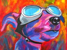 Buntes Gemälde eines Hundes mit Fliegerbrille vor leuchtend orangem Hintergrund, Pop-Art Stil, ideal als Wanddekoration oder Geschenk für Hundefans und Kunstliebhaber, modernes Tiermotiv für Wohnzimmer oder Büro.