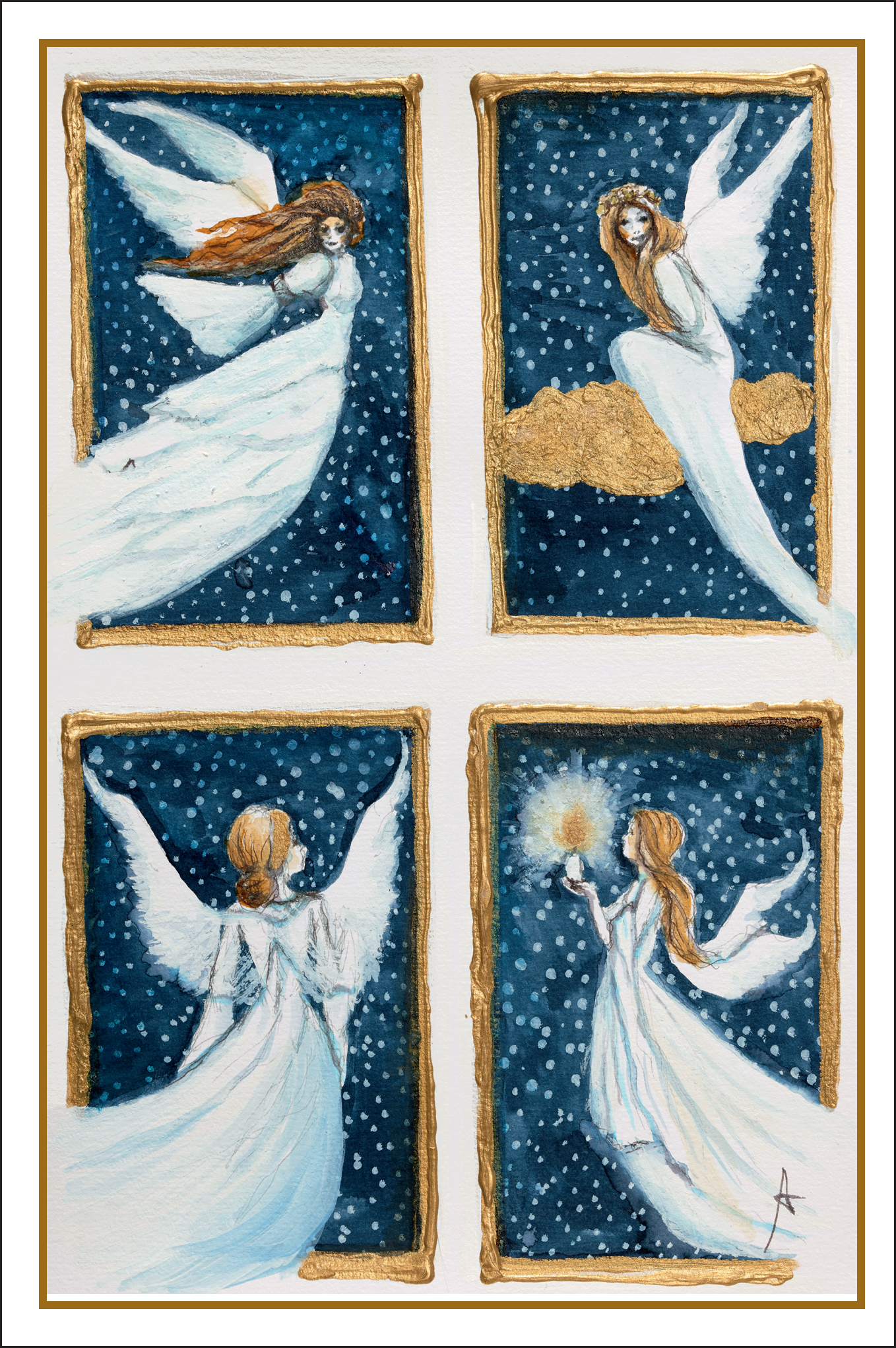 Vier Engel (2419) Zauberhafte Doppelkarte mit Motiv "Vier Engel" von Ann Lund Wahlberg: Vier stilisierte Engel mit weißen Kleidern und Flügeln vor nachtblauem, sternenübersätem Hintergrund, goldene Rahmen, beiliegendes Kuvert, Weihnachtskarte.