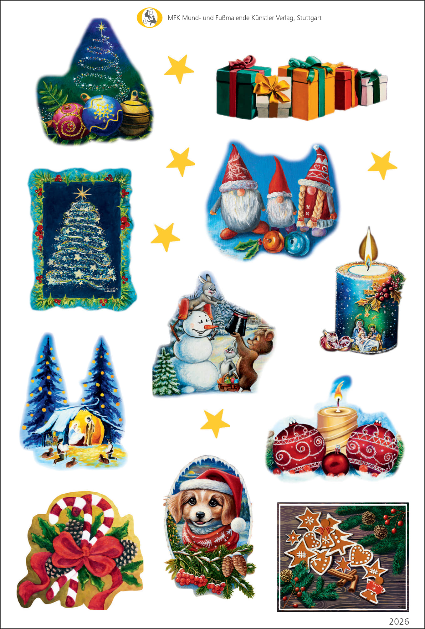 Stickerbogen mit zehn weihnachtlichen Motiven, darunter Christbaum, Geschenke, Wichtel, Schneemann, Kerzen, Hund und Geschenkschleife. Verschiedene verspielte Stile.