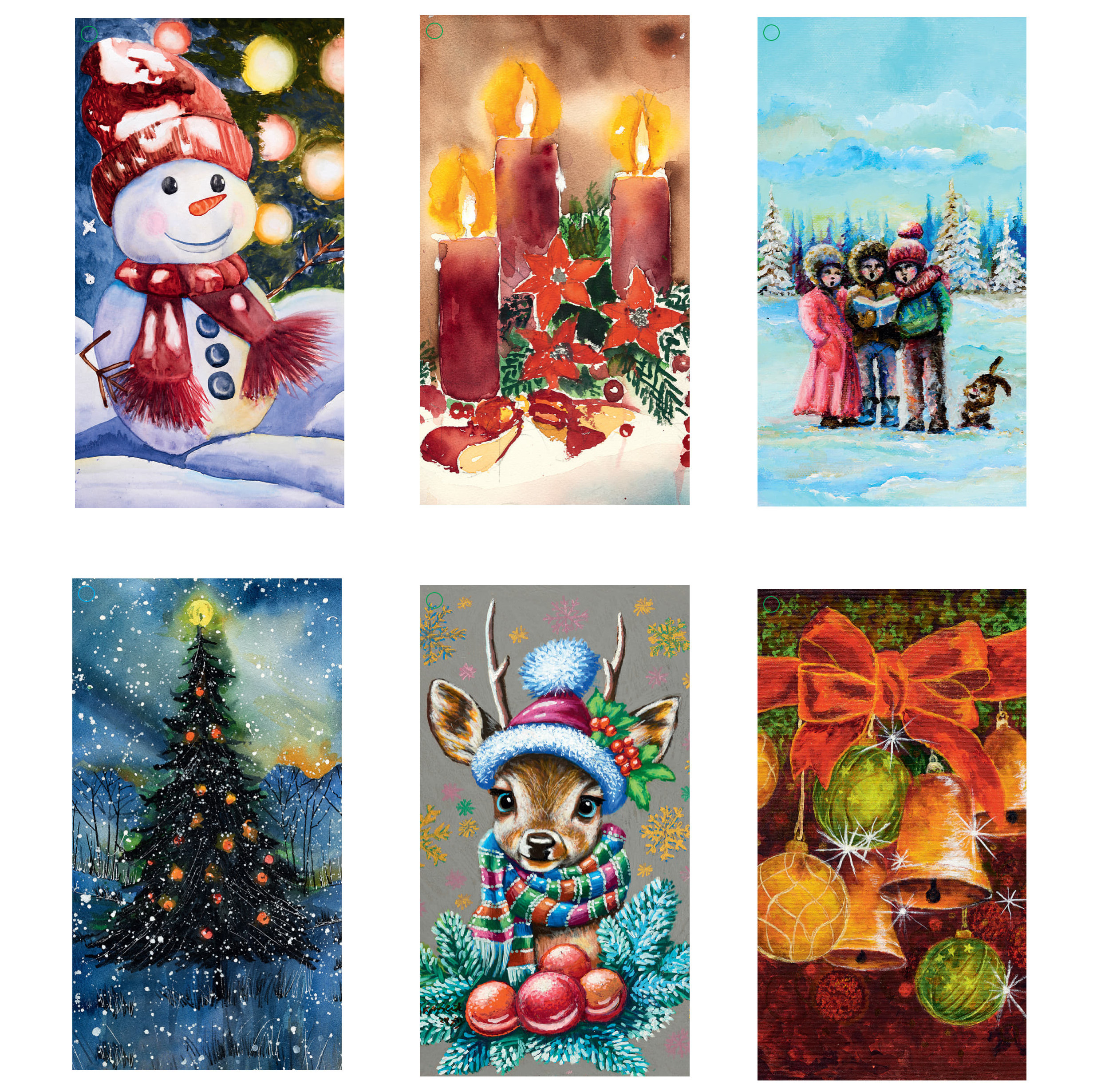 Geschenkanhängerset mit sechs weihnachtlichen Motiven: Schneemann, Kerzen, Kinder im Schnee, Weihnachtsbaum, Reh und Kugeln mit Schleife. Verschiedene verspielte Stile.