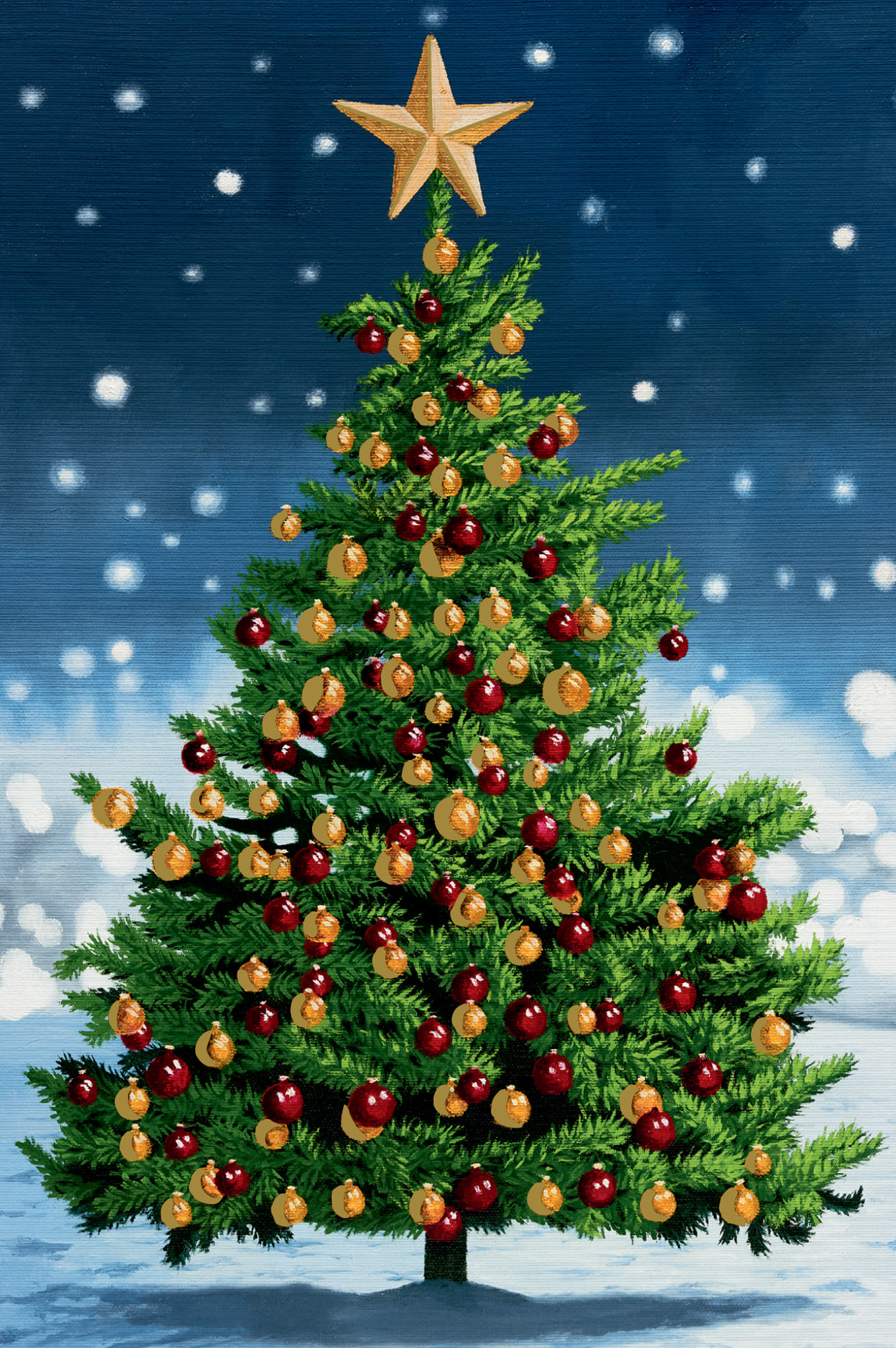 Grüner Weihnachtsbaum mit goldenem Stern oben, roten und goldfarbenen Kugeln, vor blauem Himmel mit Schneefall. Klassisch-stimmungsvoll.