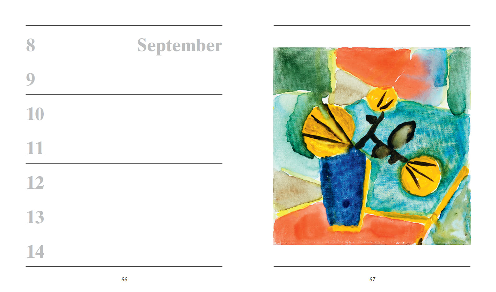 Offener Kalender-Jahrbuch, links Wochentage mit Platz für Termine vom 8. bis 14. September, rechts ein farbenfrohes Blumenaquarell eines Mund- und Fußmalers. Ideal zum Festhalten wiederkehrender Geburtstage.