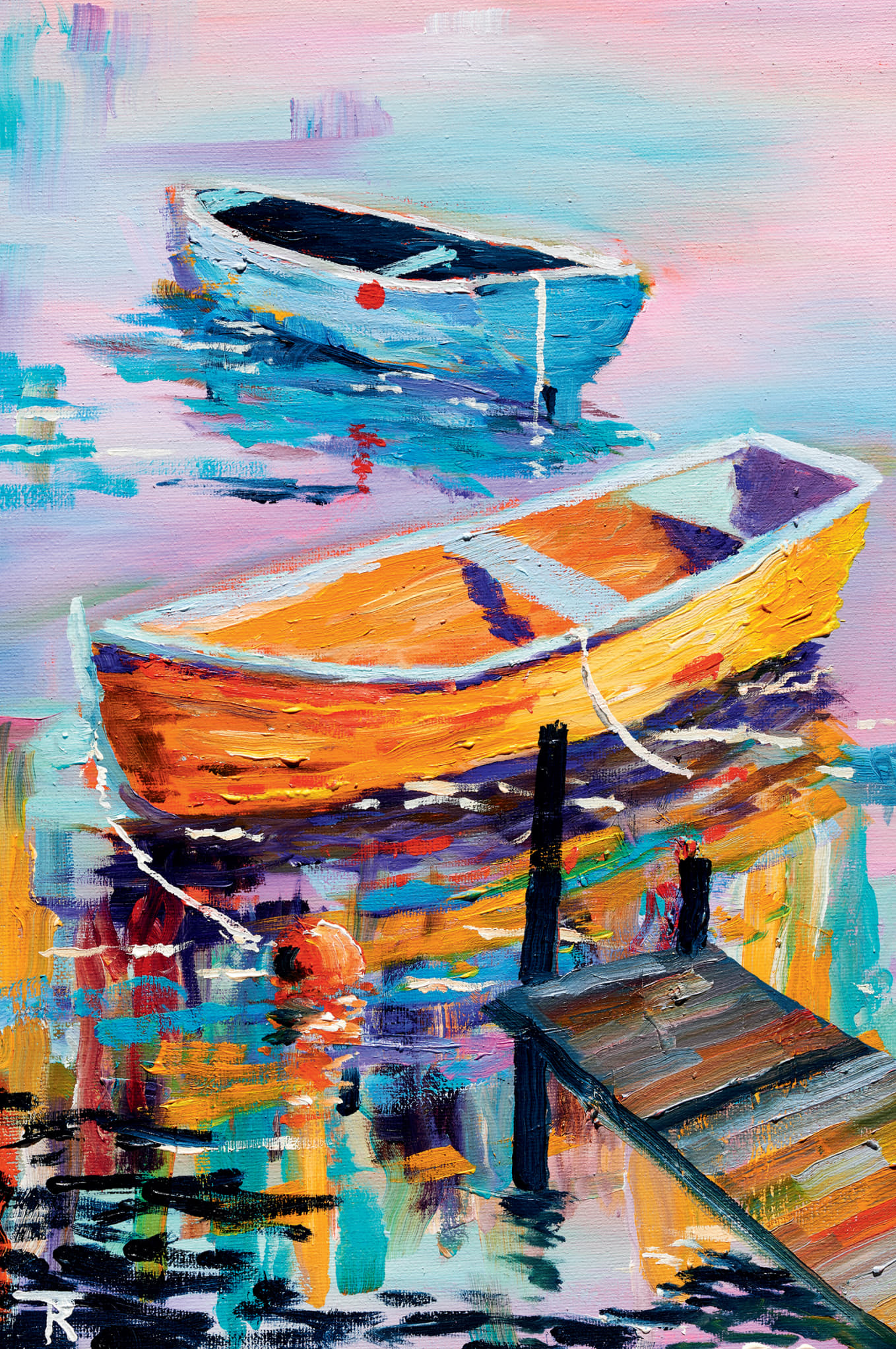 Bunte Boote (2504) Malerische Doppelkarte „Bunte Boote“ von Mundmaler Robert Trent: Zwei bunte Ruderboote auf farbenfrohem Wasser, eines gelb, eines blau, vor einem Steg, passend mit Kuvert, ideal als Kunst-Glückwunschkarte.