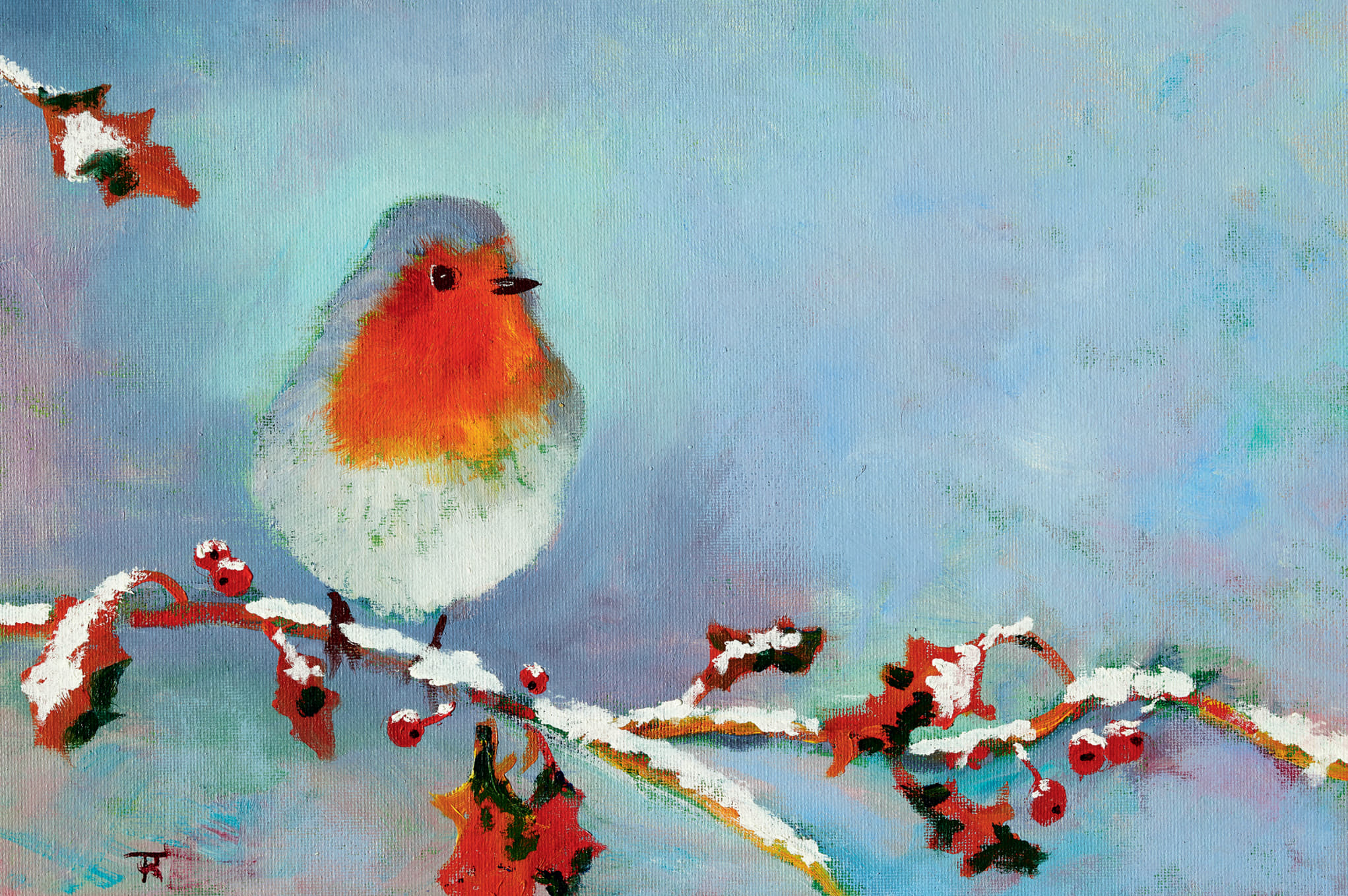 Kleines Rotkehlchen (2314) Winterliche Doppelkarte mit passendem Kuvert, Motiv: gemaltes Rotkehlchen sitzt auf verschneitem Zweig mit roten Beeren, stimmungsvoller Hintergrund, Kunst vom britischen Mundmaler Robert Trent, perfekte Weihnachtskarte.