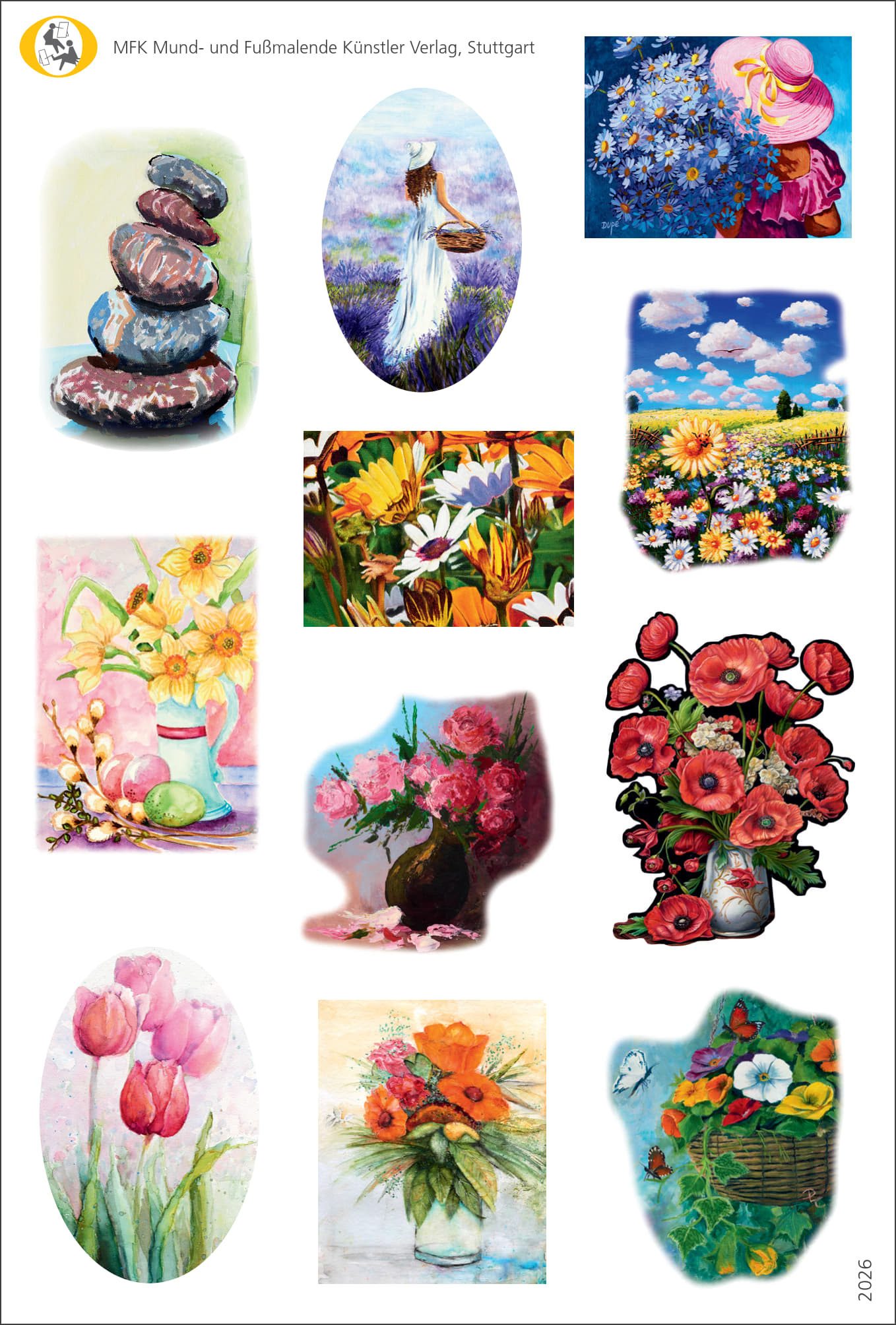 Stickerbogen mit verschiedenen selbstklebenden Motiven wie Blumensträußen, Naturszenen, Steinstapeln und Landschaftsbildern in unterschiedlichen Formen.