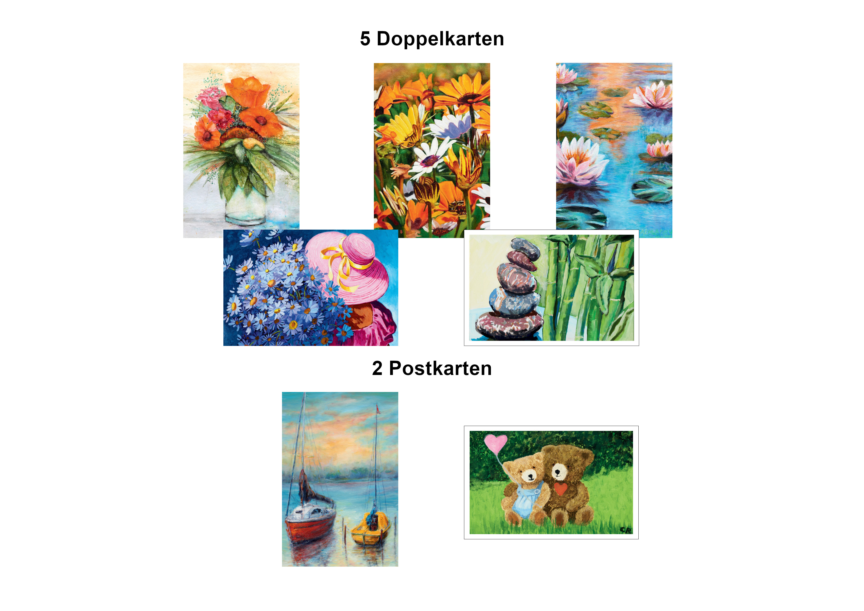 Set von 5 Doppelkarten und 2 Postkarten mit Frühlingsmotiven - Blumensträuße, Wildblumen, Seerosen, Steintürme und Teddybären