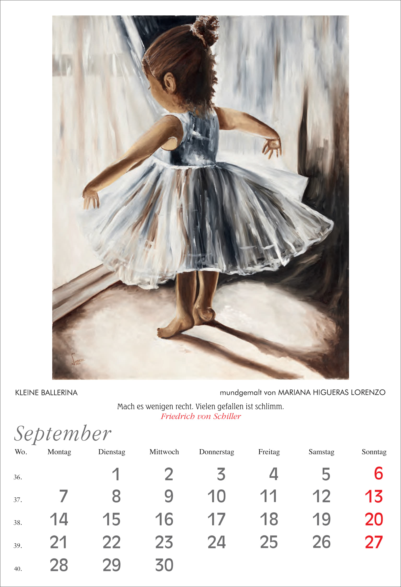 Kunst-Kalenderblatt September 2026: Gemälde eines barfüßigen Mädchens im Ballerina-Kleid, Kalenderblatt mit Sinnspruch und Monatsübersicht, mundgemalt von Mariana Higueras Lorenzo, barrierefrei, farbig, hochwertig.