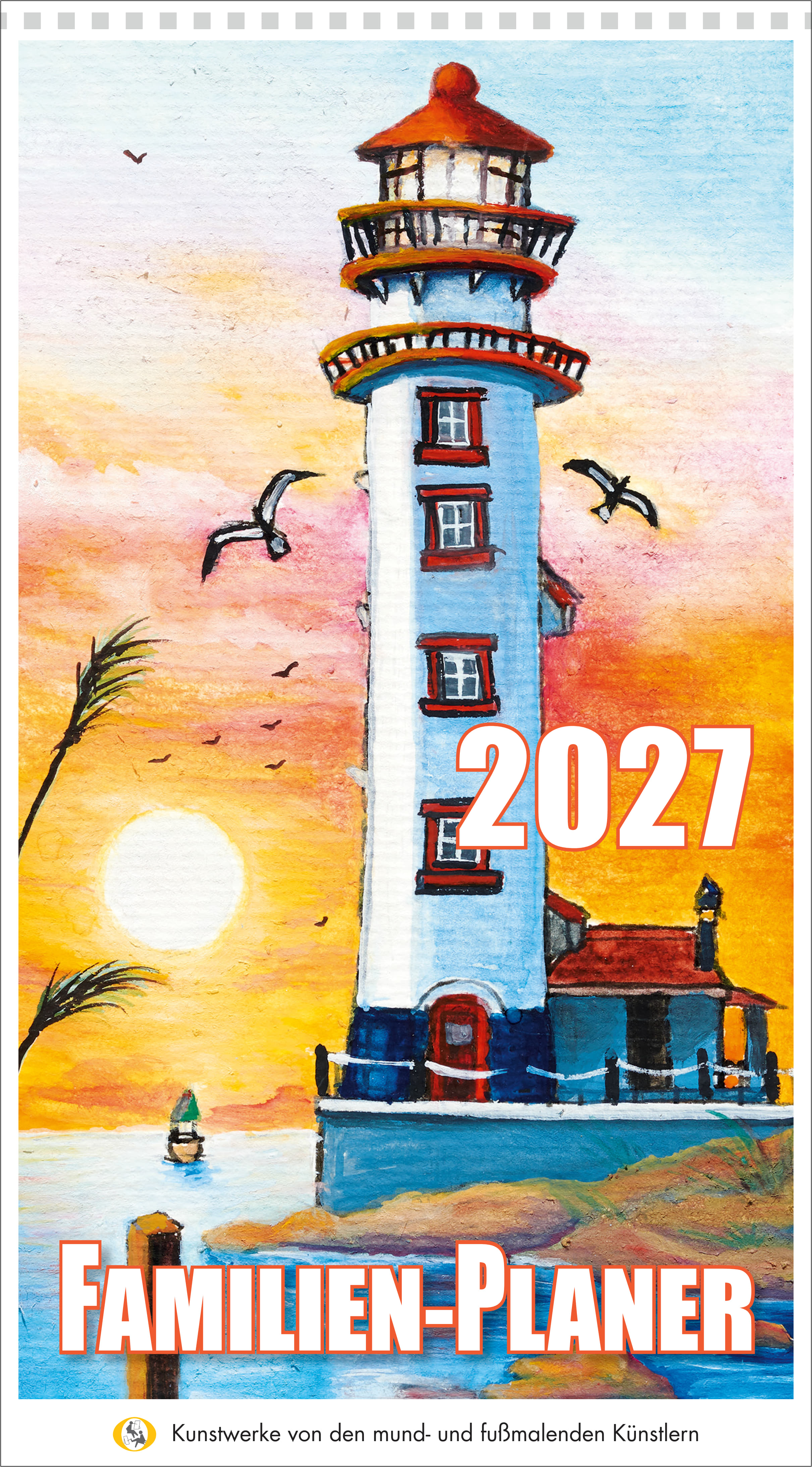 Familienplaner 2027, Cover: Leuchtturm in Blau und Rot bei Sonnenuntergang über Meer und Strand. Alle Kalenderblätter sind Kunstwerke von mund- und fußmalenden Künstlern aus aller Welt.