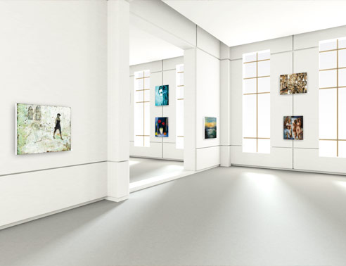 Helle, moderne Kunstgalerie mit großen Fenstern, weißen Wänden und mehreren farbenfrohen Gemälden zeitgenössischer Kunst an den Wänden, lichtdurchflutet und barrierefrei eingerichtet, ideal für Kunstausstellungen im Online-Shop.