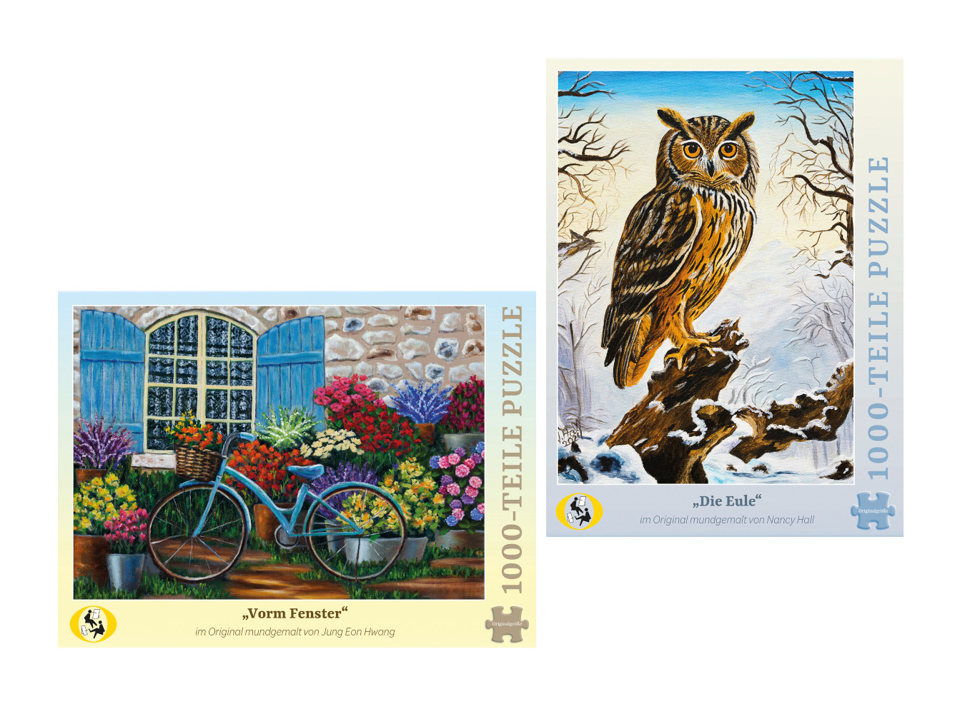 Puzzle-Set 7 (13529) Zwei 1000-Teile-Puzzles im Set: „Vorm Fenster“ mit blühendem Garten und Fahrrad, von Jung Eon Hwang, sowie „Die Eule“ im verschneiten Wald, von Nancy Hall, beide mundgemalt, je 49x68,5 cm.