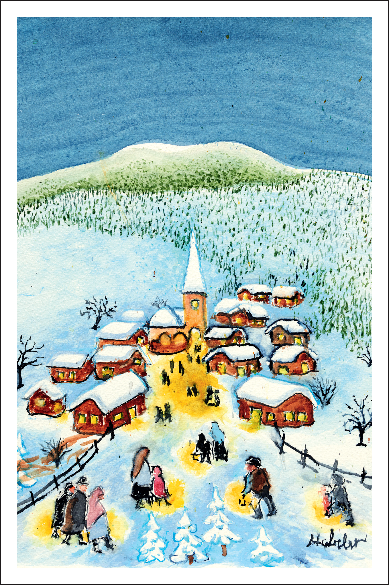 Kirchgang (2411) Winterliche Doppelkarte mit Originalmotiv "Kirchgang" von Josef Habeler: verschneites Dorf, Kirche mit spitzem Turm, Menschen gehen im Abendlicht durch Schnee, festliche Stimmung; inkl. passendem Kuvert.