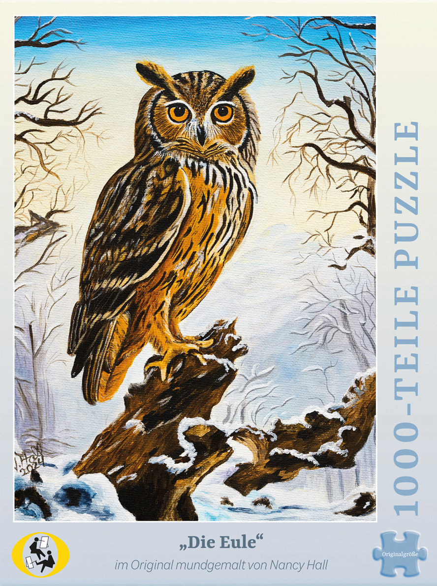 Die Eule (13528) Puzzle mit 1.000 Teilen zeigt eine von Nancy Hall mundgemalte Eule auf verschneitem Ast, umgeben von kahlen Winterbäumen, stimmungsvoll naturnah, detailreich und ideal für alle Puzzle- und Naturfreunde.