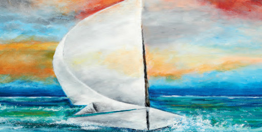 Gemälde eines weißen Segelboots auf türkisblauem Meer mit Gischt, im Hintergrund leuchtender Sonnenuntergang mit orange-rotem und blau-grauem Himmel – maritimes Wandbild für Wohnzimmer, moderne Kunst, Segelboot Deko.