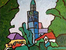 Farbenfrohes, impressionistisches Gemälde einer Kirche mit blauem Kirchturm im Zentrum, umgeben von grünen Bäumen und bunten Häusern. Kunstwerk für Wohnzimmerdeko, Wandbild, modernes Wohnaccessoire.