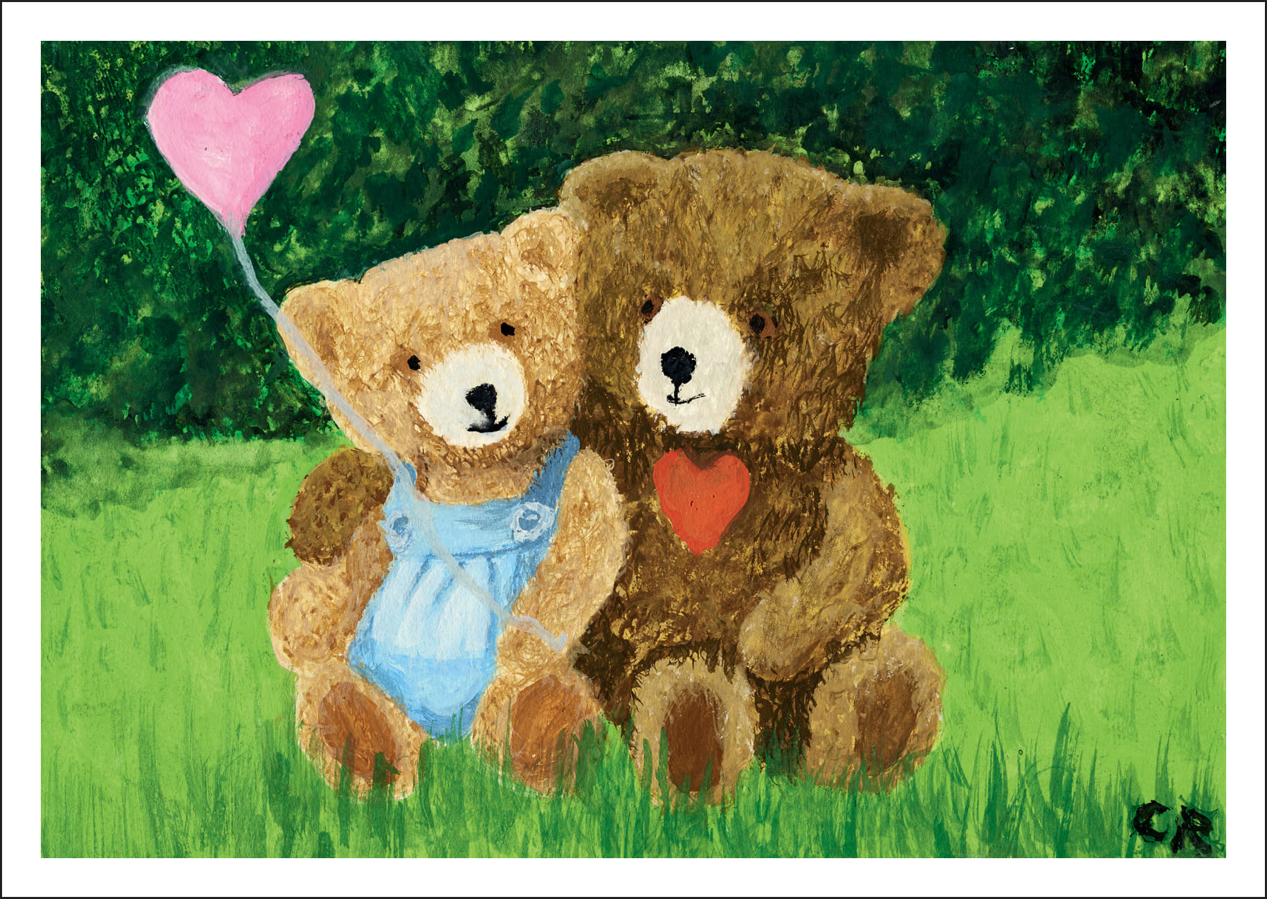 Herzerwärmende Kuschelfreundschaft im grünen Paradies. Zwei flauschige Teddys teilen ihre Liebe unter blühendem Himmel, während rosa Herzballons ihre ewige Verbundenheit besiegeln.