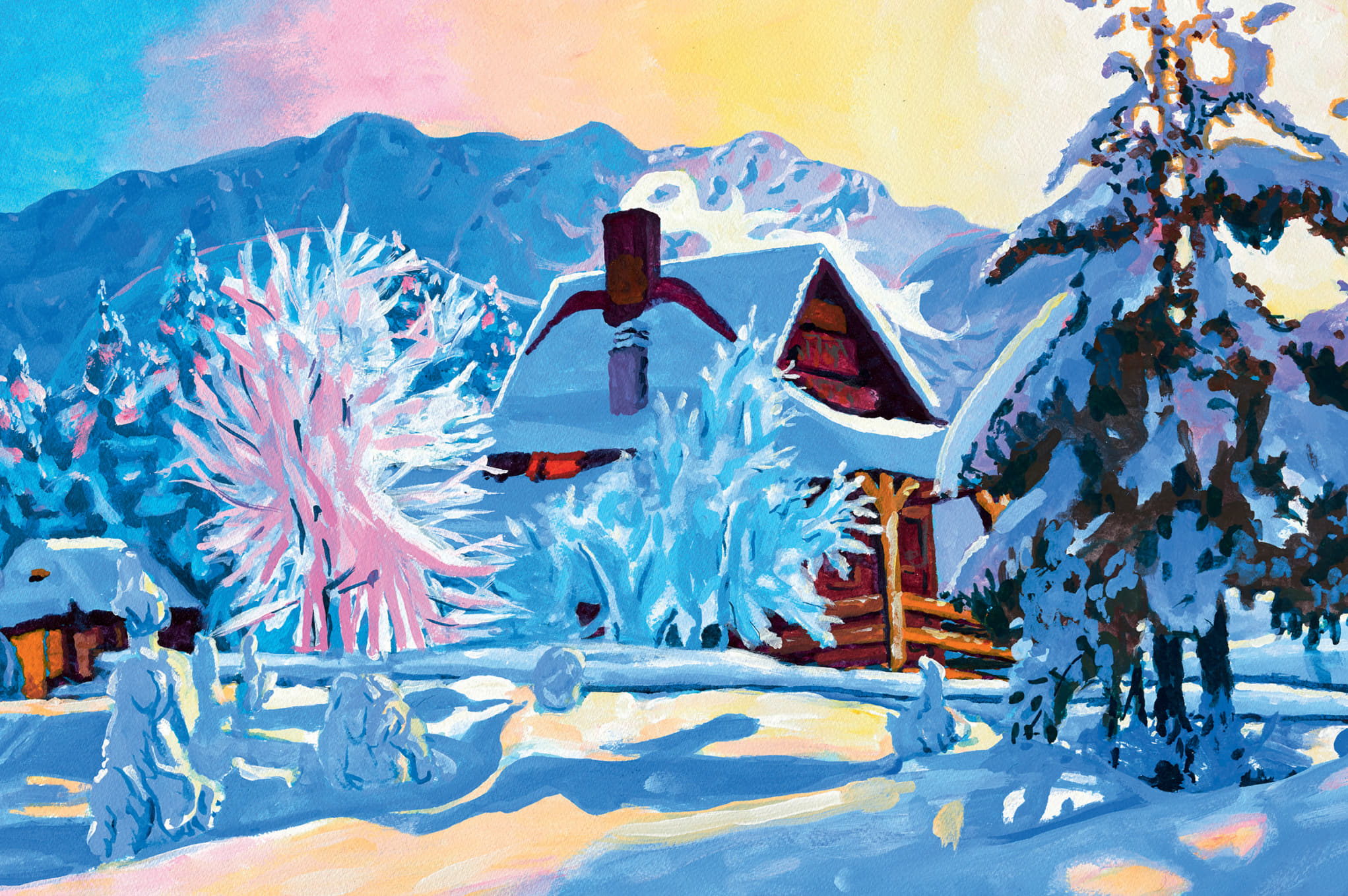 Winterlandschaft mit schneebedeckten Bergen, zwei roten Hütten, Tannenwald und verschneitem Gelände. Farbig-malerisch.