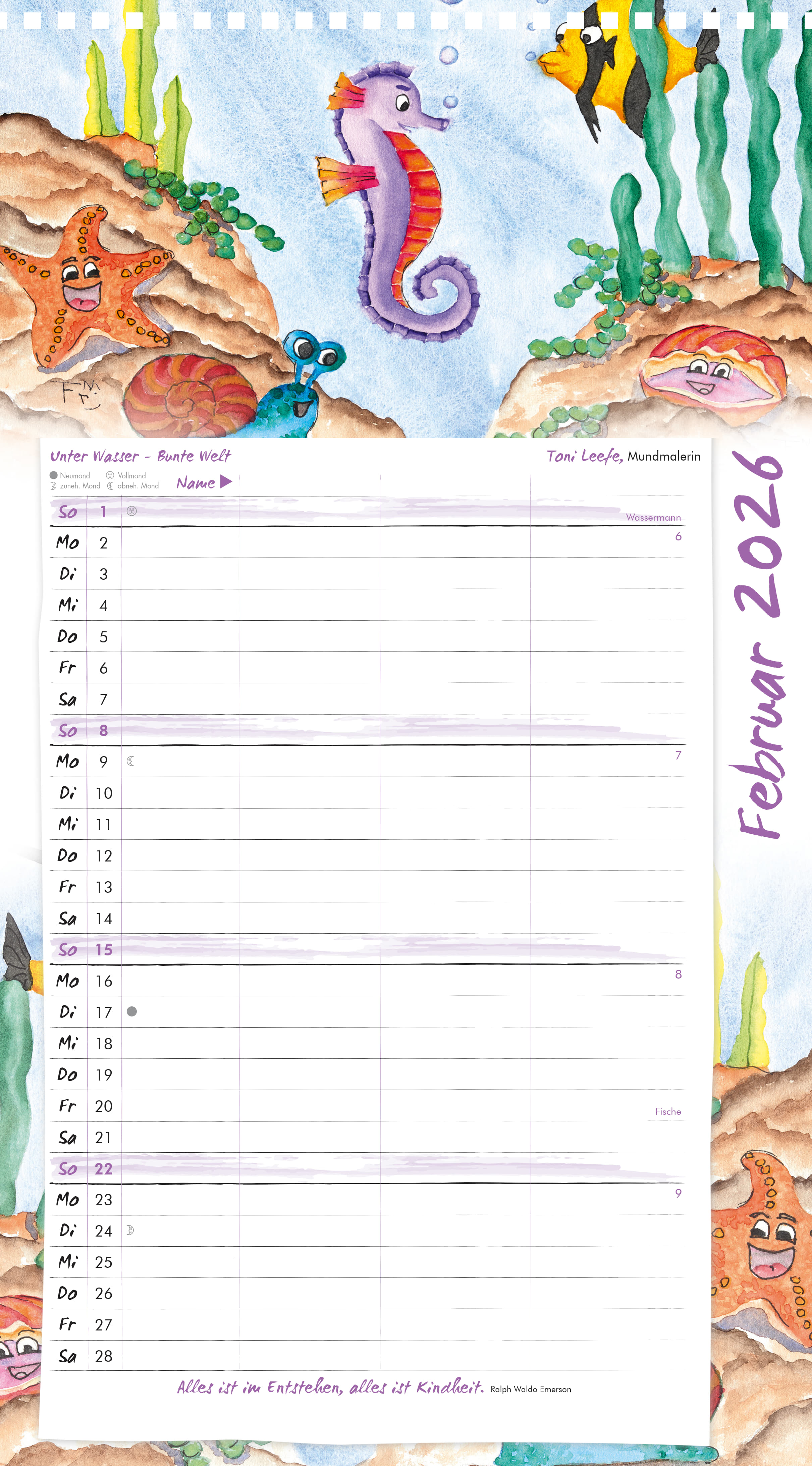 Familienplaner 2026 zum Aufhängen mit bunten Unterwasser-Motiven der Mund- und Fußmaler, Kalender für 3-4 Personen, viel Platz für Termine, Format 20,5 x 37 cm, farbenfrohe Illustrationen, 12 Seiten, übersichtliches Design.