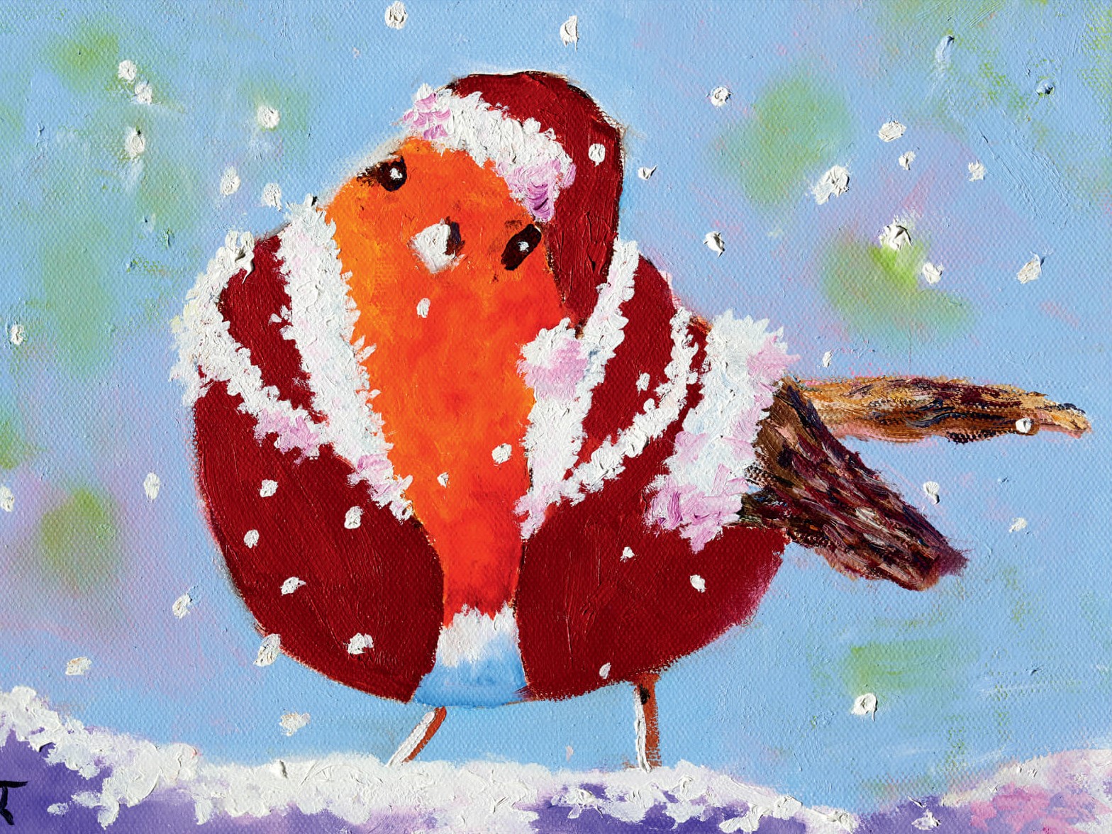 Gemaltes Bild eines roten Rotkehlchens im roten Weihnachtskostüm mit weißem Fellrand, das im Schnee steht und von Schneeflocken umgeben ist, auf hellblauem Hintergrund. Ideal als winterliche Weihnachtsdekoration.