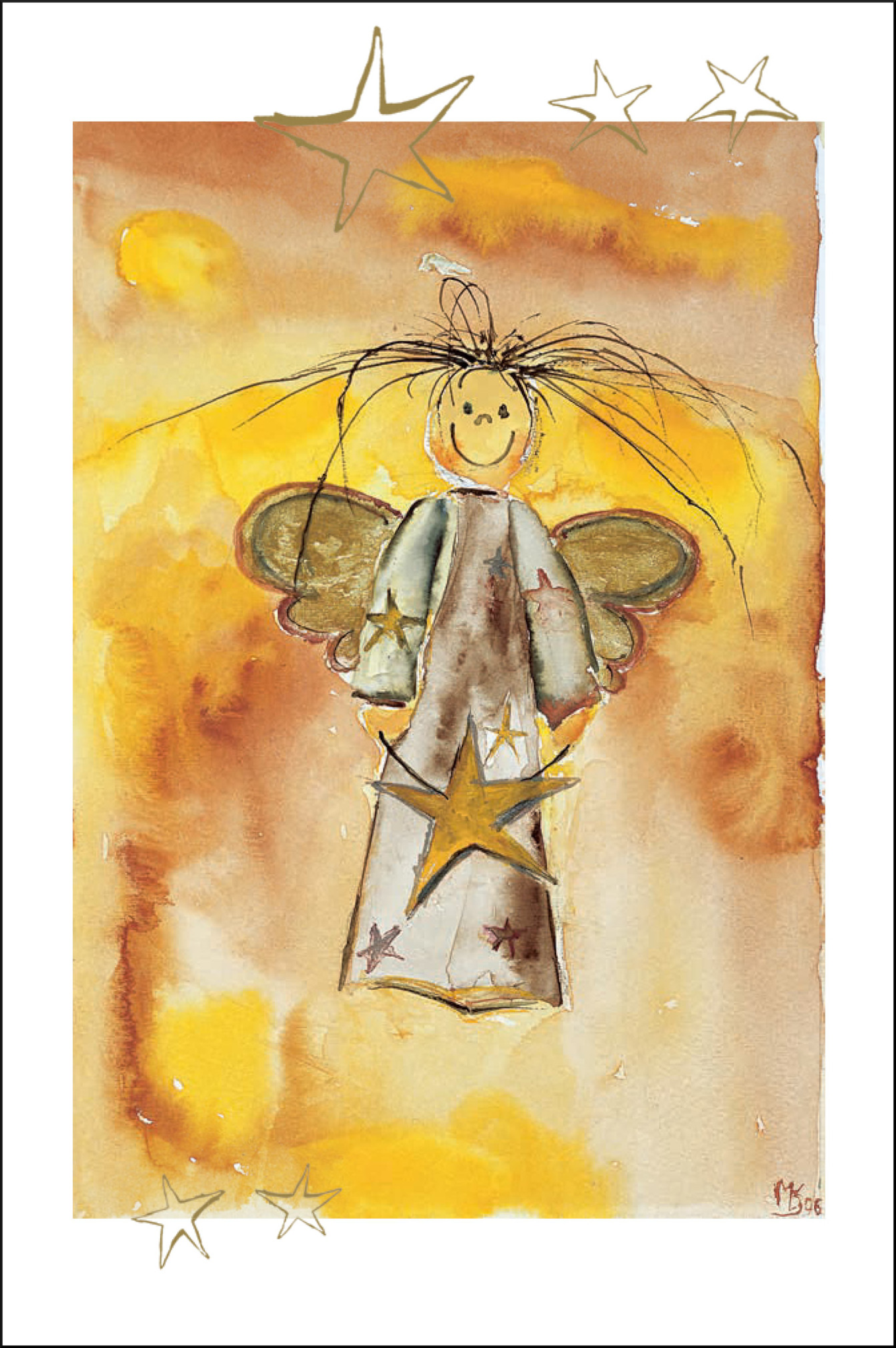 Sternenengel (2412) Weihnachtliche Doppelkarte mit Sternenengel-Motiv des deutschen Mundmalers Markus Kolp, Engel mit goldenen Sternen und Flügeln auf warmem gelb-braunem Hintergrund, inklusive passendem Umschlag.