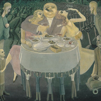 Gemälde einer reichen Gesellschaft an einem festlichen Tisch, umgeben von arbeitenden, leidenden Menschenmassen im Hintergrund, symbolisiert soziale Ungleichheit und Ausbeutung. Ideal für Kunstfreunde und Politikkritik.