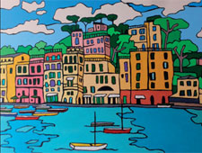 Buntes Gemälde einer mediterranen Hafenstadt mit farbenfrohen Häusern, Bäumen und mehreren Segelbooten auf blauem Wasser, ideal als Wandbild für Wohnzimmer, modernes Dekor und stilvolle Raumgestaltung