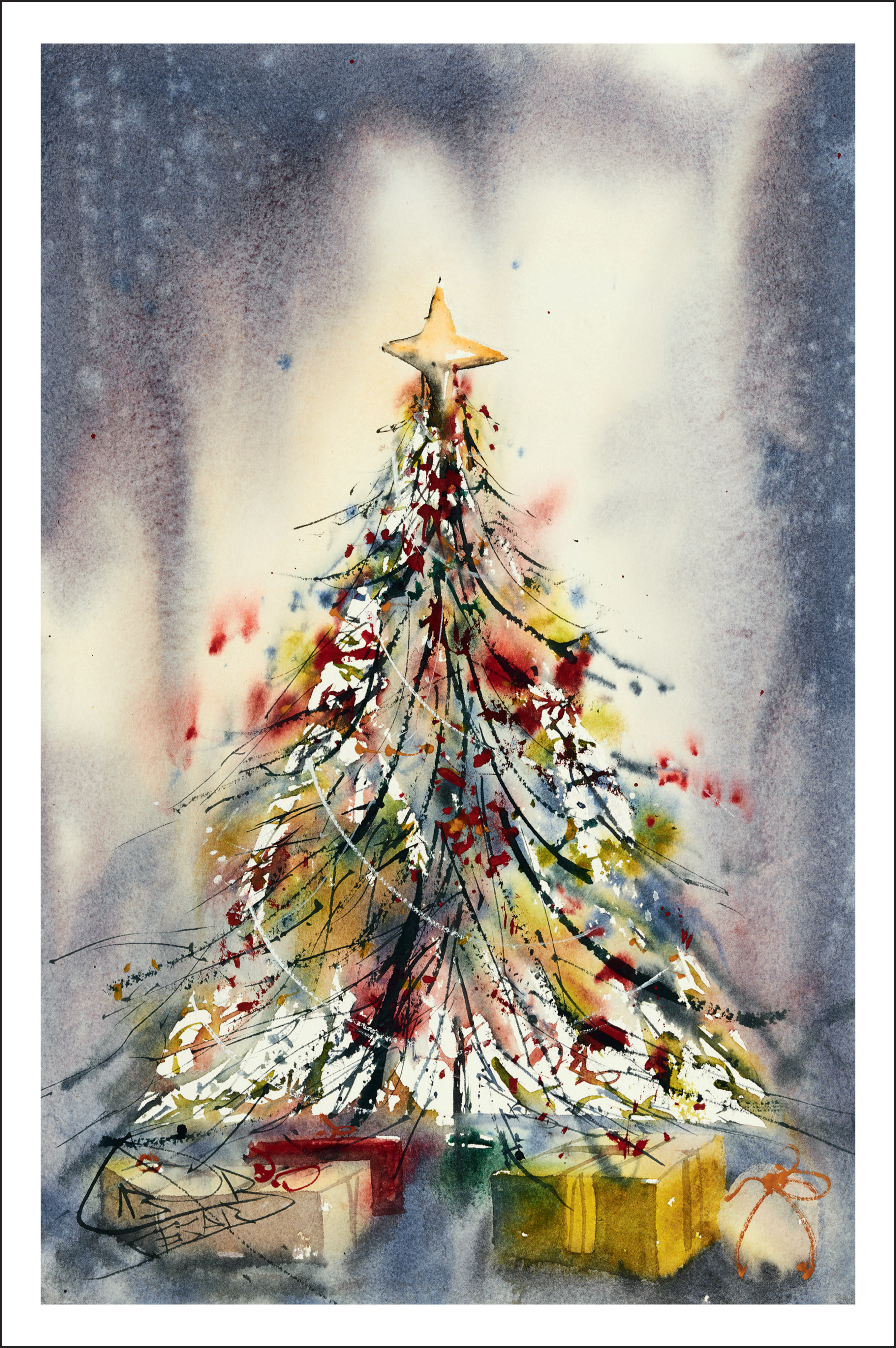 Unterm Weihnachtsbaum (2315) Weihnachtliche Postkarte mit Aquarellmotiv „Unterm Weihnachtsbaum“ von Cesar Barcia: Bunter, geschmückter Weihnachtsbaum mit Stern an der Spitze, darunter Geschenke, festliche Stimmung, ideal für Weihnachtsgrüße.