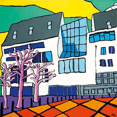 Farbenfrohe, moderne Illustration eines Gebäudes mit schrägem Dach, großen blauen Fenstern und kahlen, violetten Bäumen im Vordergrund; lebendige, gelbe, grüne und orange Farbflächen im Hintergrund und auf dem Boden.