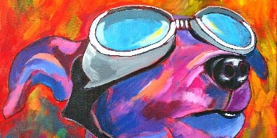 Buntes Gemälde eines Hundes mit blauer Fliegerbrille, lebendige Farben wie Lila, Pink und Blau vor feurig orangem Hintergrund. Ausgefallene Wanddekoration, modernes Hundebild für Tierliebhaber und Wohnzimmer-Deko.