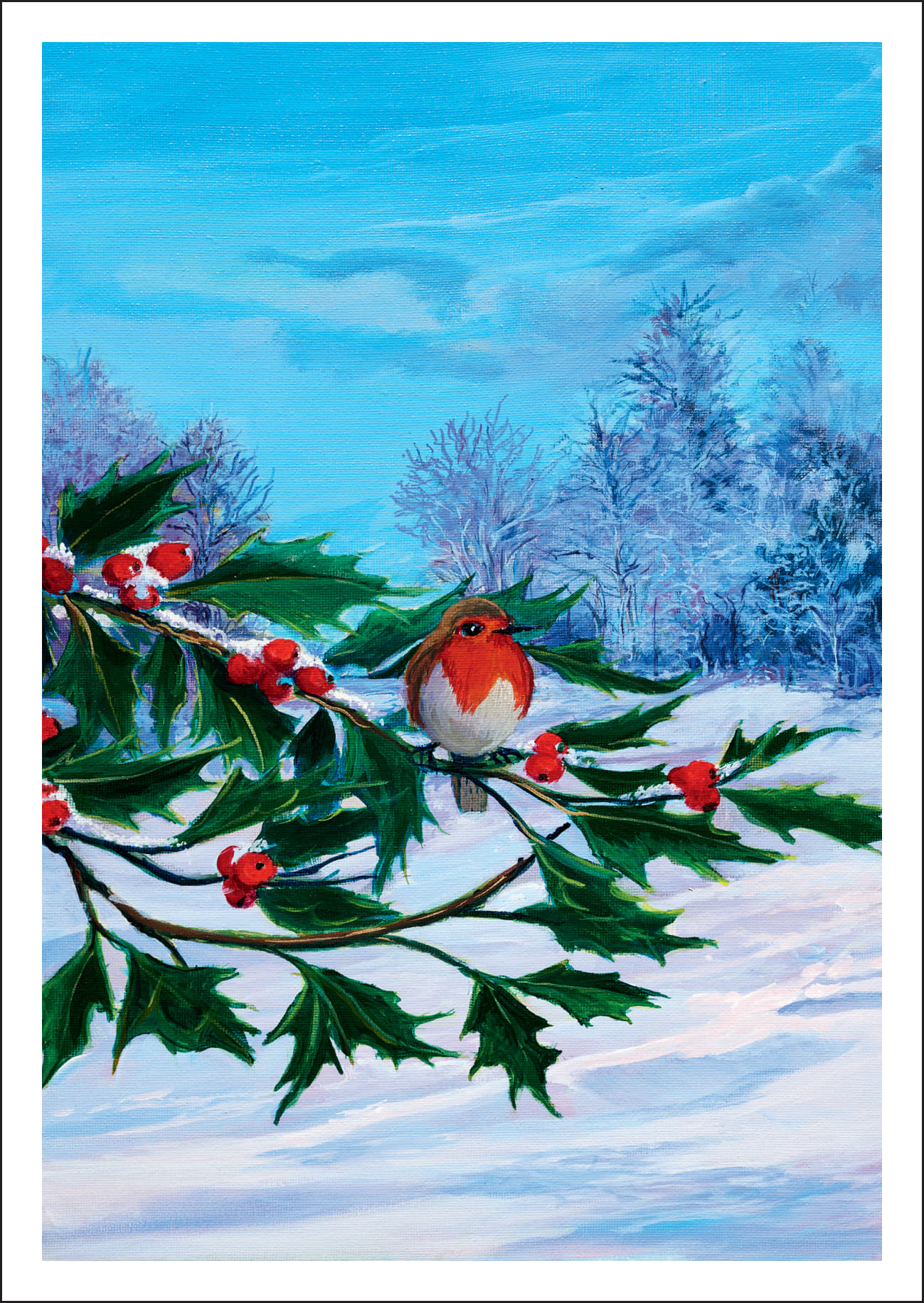Rotkehlchen mit roter Brust sitzt auf schneebedecktem Zweig mit roten Beeren und grünen Blättern, verschneiter Winterwald im Hintergrund. Realistisch-stimmungsvoll.