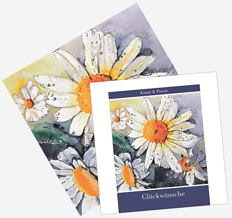 Glückwünsche (13151) Quadratisches Geschenkbuch-Set mit farbenfrohen Gänseblümchen-Illustrationen, Kunst & Poesie Motiv, Aufschrift „Glückwünsche“, inklusive passendem Umschlag und Adressaufkleber, ideal zum Verschenken, Format 14x14 cm.