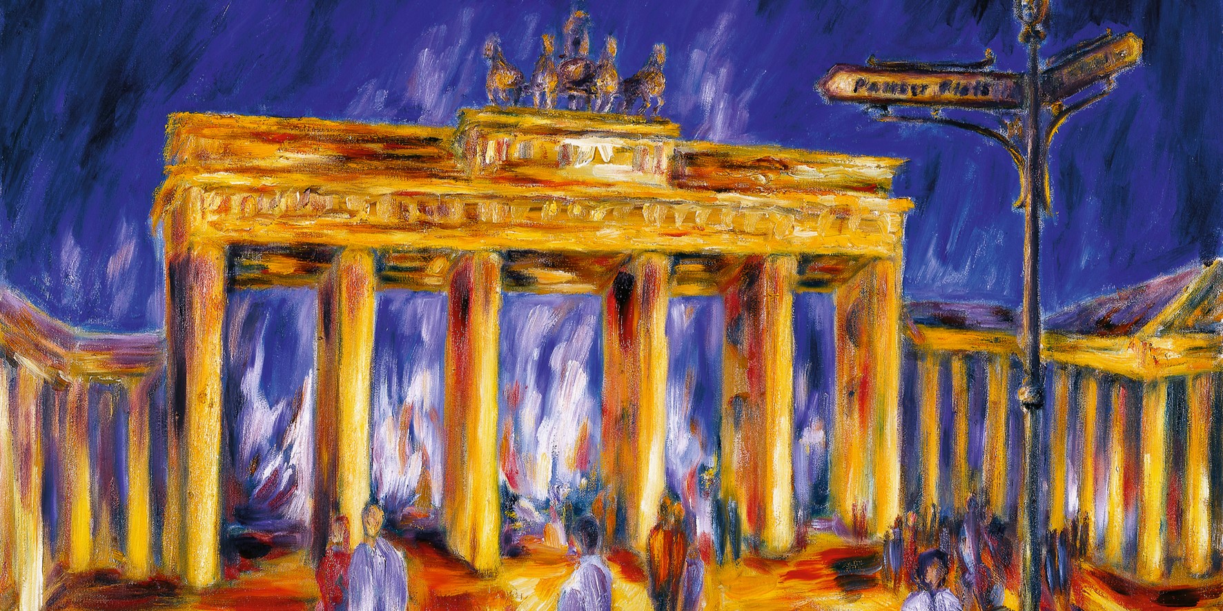 Gemälde des Berliner Brandenburger Tors bei Nacht mit leuchtenden Farben, Menschen vor dem Bauwerk und einem Straßenschild, künstlerische Darstellung, ideal als Wandbild, Berlin Deko, Deutschland Souvenir, modernes Kunstwerk.