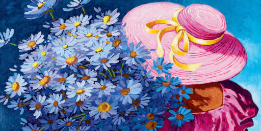 Frau mit rosa Hut und gelbem Band in rosa Kleid hält einen großen Strauß blaue Gänseblümchen, gemalt im impressionistischen Stil, perfekte Dekoration für Wohnräume und Geschenkidee, sommerliches, farbenfrohes Blumenmotiv