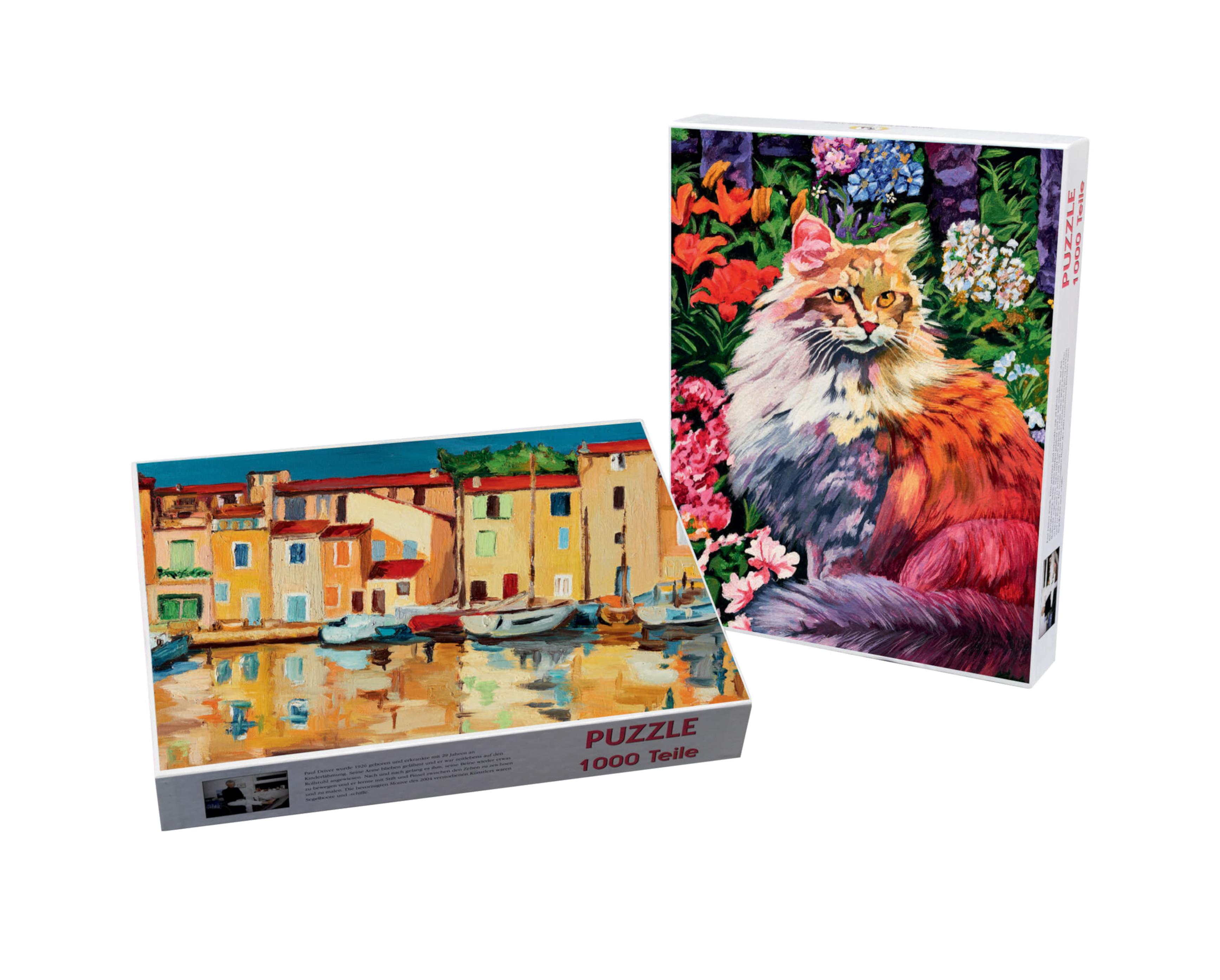Puzzle-Set  6 (13526) Zwei Puzzle-Boxen mit je 1.000 Teilen: Motiv „Hafenstadt“ mit mediterranen Häusern am Wasser, daneben „Samtpfote“ mit großer, langhaariger Katze vor bunten Blumen. Mundmaler-Kunstwerke im Set.