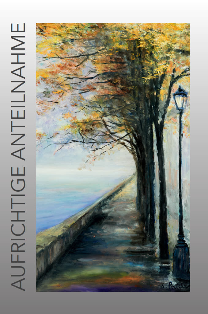 Set aus 3 stilvollen Beileidskarten mit herbstlicher Uferweg-Malerei, Bäumen, Laterne und dem Schriftzug „Aufrichtige Anteilnahme“ am Rand, inklusive passendem Kondolenzumschlag, Format 11,5 x 17,3 cm.