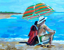 Gemälde eines Paares am Sandstrand, das unter einem bunten Sonnenschirm im Schatten sitzt, mit Blick aufs blaue Meer und sonnigen Himmel, ideal für sommerliche Wanddekoration oder maritimes Wohnaccessoire.