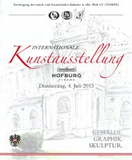 Plakat zur Internationalen Kunstausstellung in der Hofburg Wien 2013, mit filigraner Gebäudezeichnung im Hintergrund und hervorgehobener roter Schrift. Typografische Details, Datum 4. Juli 2013, Fokus auf Gemälde, Grafik, Skulptur.