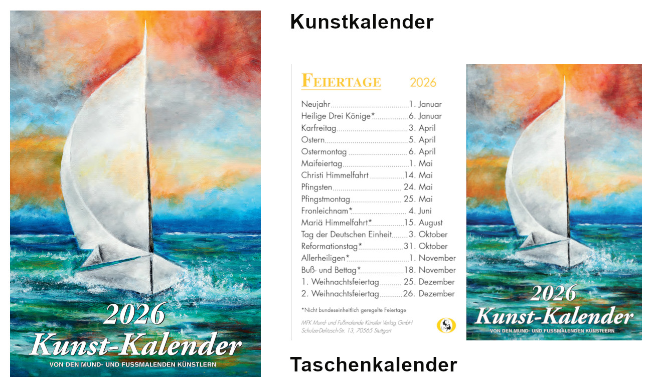 Set aus Kunstkalender 2026 und Taschenkalender, gestaltet von mund- und fußmalenden Künstlern, mit Segelboot auf Meer und buntem Himmel, ideal als Geschenk, inkl. Feiertage, künstlerisches Geschenkset Weihnachten.