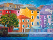 Farbenfrohes Gemälde mediterraner Häuser am Wasser, sonnige Fassaden in Gelb, Orange, Rosa und Lila, grüner Baum im Vordergrund, lebendige Urlaubsatmosphäre, kunstvolles Dekor für Wohnzimmer oder Büro