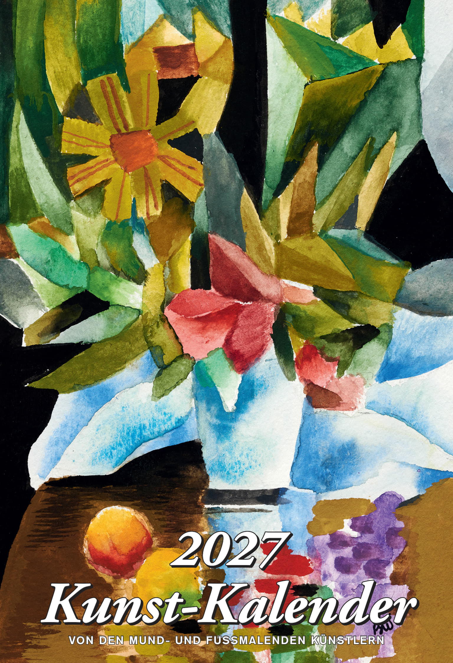 Kunstkalender 2027, Cover: Abstraktes Blumenmotiv in Grün, Gelb und Rot auf weißem Hintergrund. Alle Kalenderblätter sind Kunstwerke von mund- und fußmalenden Künstlern aus aller Welt.
