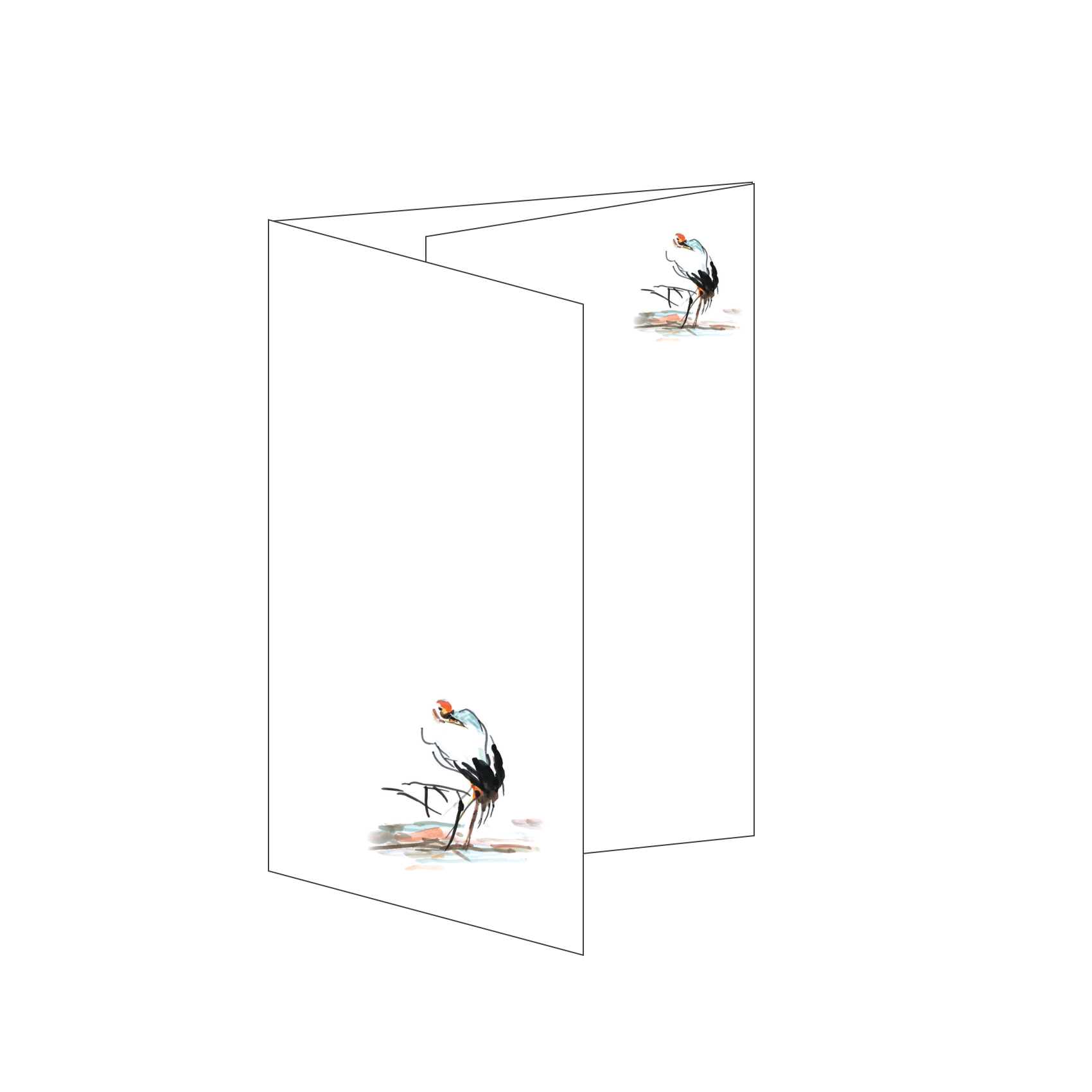 Aufklappbares Briefpapier-Set mit zarten Blumenmotiven und stilisiertem Kranich, auf weißem Hintergrund, inklusive passender Umschläge, hochwertig, für besondere Briefe, Format 11/28,5 x 17 cm, ideal als Geschenk.