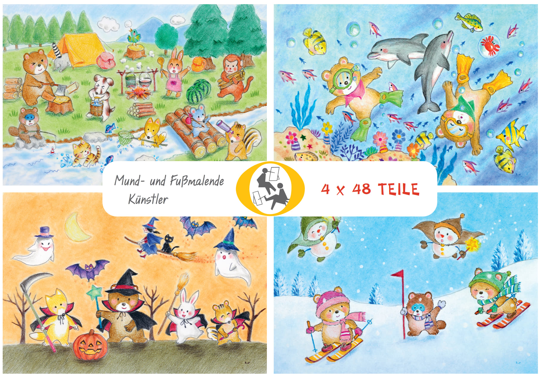 Kinderpuzzles Vier bunte Kinderpuzzles mit je 48 Teilen zeigen fröhliche Tiere beim Camping, Tauchen, im Schnee und bei Halloween, handliche Packung, ideal als Lernspielzeug für Jungen und Mädchen ab 4 Jahren, Mund- und Fußmalende Künstler.