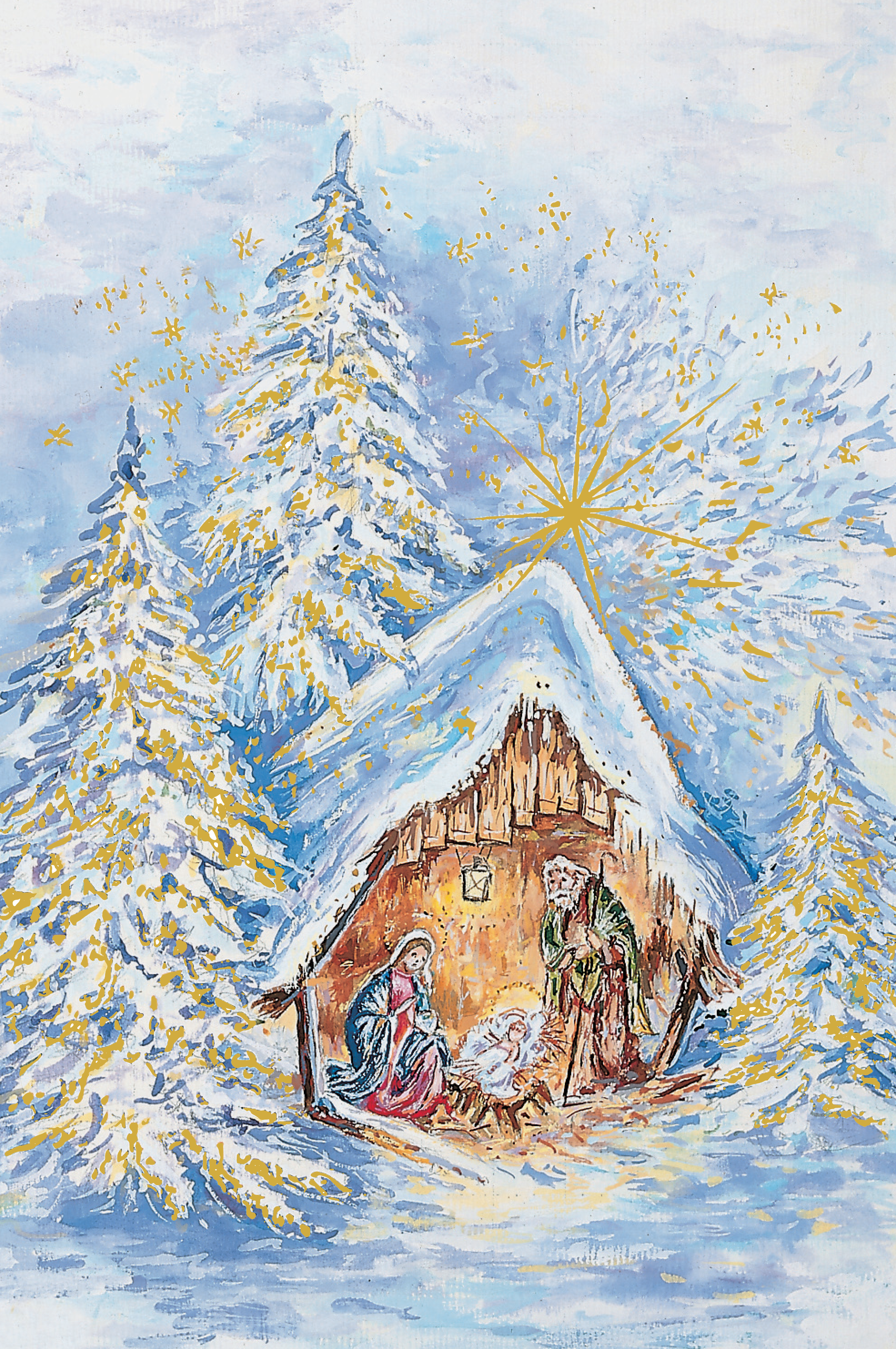 Krippe im Wald (2318) Weihnachtliche Doppelkarte mit Goldprägung: Motiv Krippe im verschneiten Wald, Maria, Josef und Jesuskind, leuchtender Stern, umgeben von schneebedeckten Tannen. Originalkunstwerk von Mundmaler Stojan Zafred.