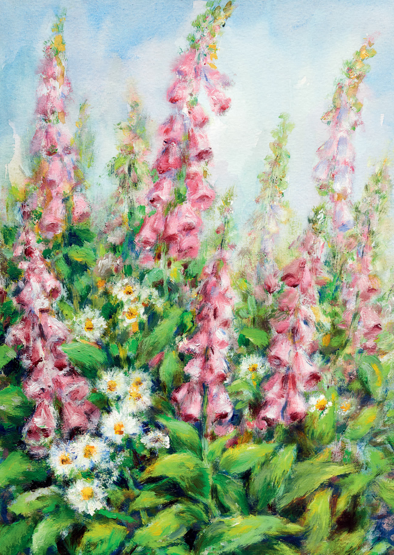 Fingerhut (2507) Florale Postkarte mit Fingerhut-Motiv von Mundmaler Thomas Kahlau: Bunte, handgemalte Illustration zeigt rosa Fingerhut-Blüten und weiße Margeriten auf grünem Hintergrund, ideal als Frühlingsgruß oder Geschenk.