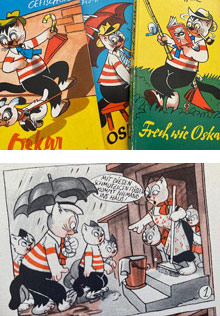 Drei bunte Comic-Hefte mit Oskar, der schwarz-weißen Katerfigur im rot-weiß gestreiften Shirt, sowie eine schwarz-weiße Comicseite mit der Katze und Familie, die im Regen vor einer Haustür stehen, als Vintage-Sammlerstücke.