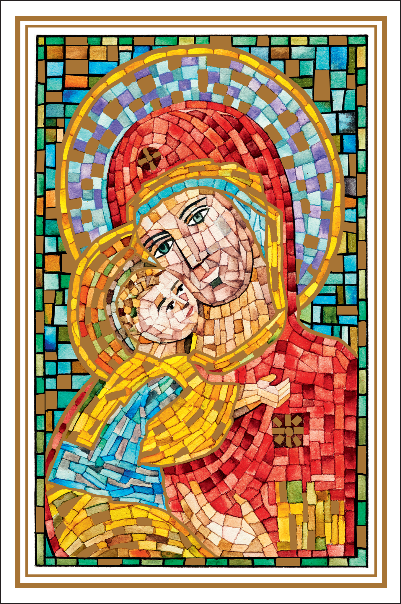 Maria mit dem Kind (2417) Doppelkarte mit Goldprägung, Motiv „Maria mit Kind“ als farbenfrohes Mosaik im Ikonenstil, inspiriert vom US-Mundmaler Brom Wikstrom, inklusive passendem Umschlag, ideal für religiöse Anlässe.